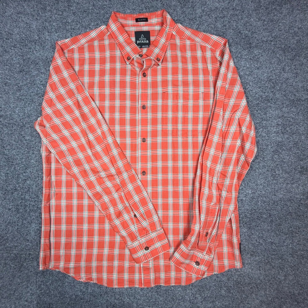 Prana Mens Slim Fit Organic Cotton Plaid Button Down Shirt Orange Large